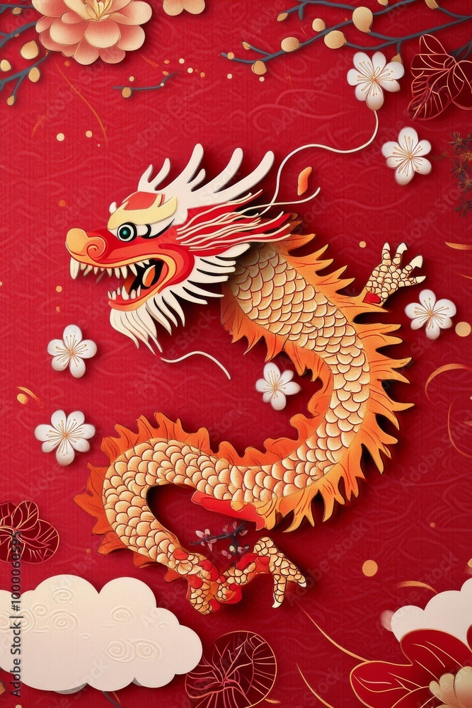 Elegant white dragon soaring through red clouds in vibrant traditional artwork Elegant white dragon soaring through red clouds in vibrant traditional artwork
