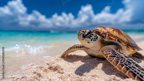 A turtle resting on the sandy beach under a vibrant sky near the turquoise oc...