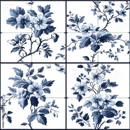 A classic floral tile design in blue and white captures a timeless vintage feel.