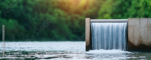 Hydropower turbines beneath a picturesque waterfall, blending nature and technology, hydropower, sustainable beauty photo