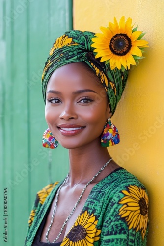 A smiling woman with a sunflower, wearing colorful attire and standing by a g...