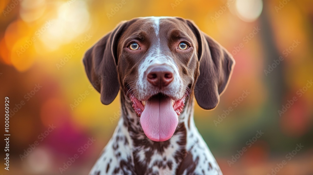 A close-up of a happy dog with a blurred autumn background. A close-up of a happy dog with a blurred autumn background.