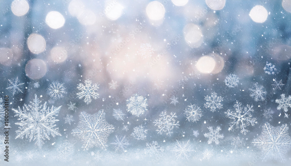 Winter background with snowflakes, bokeh lights and falling snow