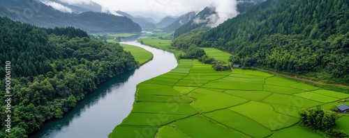 Small rural village using hydropower from a river, surrounded by fields and forests, small-scale hydropower, sustainable rural living photo