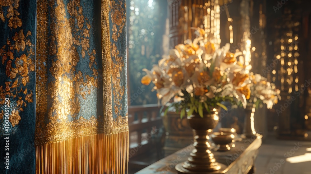 A detailed close-up of a religious tapestry hanging in a temple, with the intricate weaving and vibrant colors telling a story of faith and tradition. The soft light and shadows create a sense of A detailed close-up of a religious tapestry hanging in a temple, with the intricate weaving and vibrant colors telling a story of faith and tradition. The soft light and shadows create a sense of