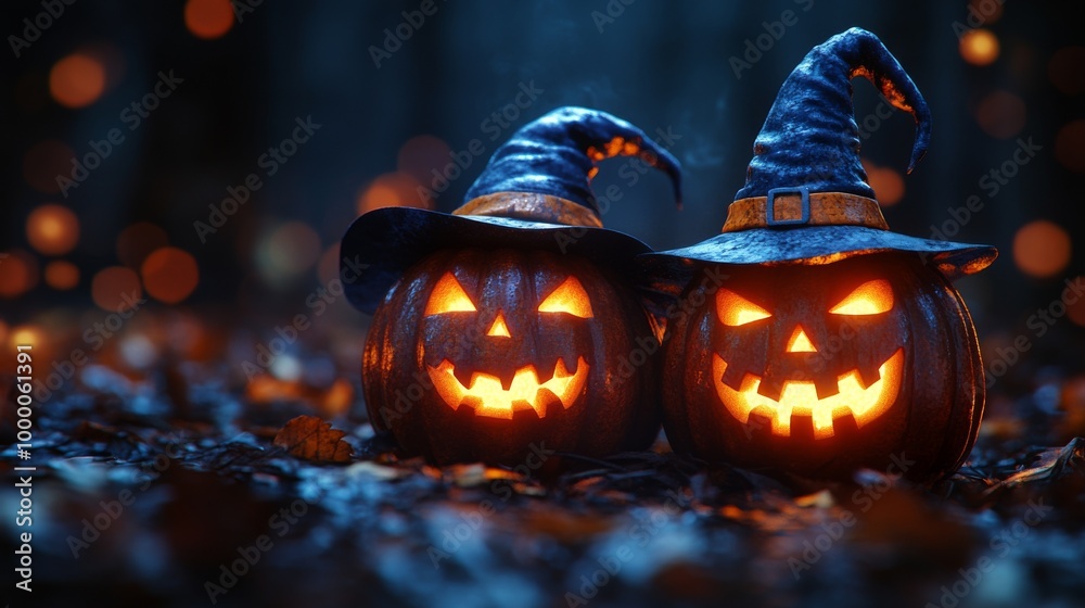 Naklejka premium Glowing Jack-o'-Lanterns with Witch Hats in a Spooky Halloween Forest