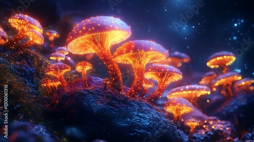 Glowing mushrooms illuminate a magical forest, casting an ethereal glow.