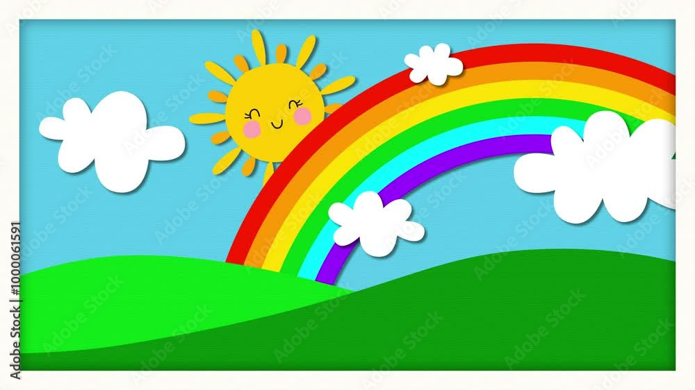 sun and rainbow and clouds in the blue sky landscape frame loop animation, green meadow paper texture, kids fairy tale and nursery rhyme motion background