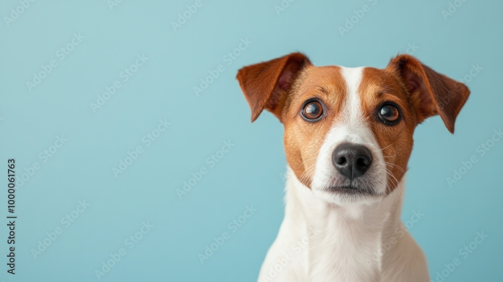 A close-up of a dog with a brown and white coat against a light blue background. A close-up of a dog with a brown and white coat against a light blue background.