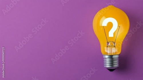 Bright yellow light bulb with a question mark against a purple background for...
