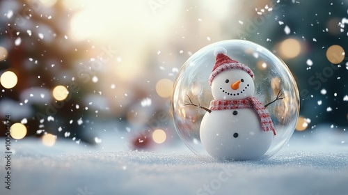 A charming snowman inside a glass globe surrounded by a snowy landscape durin...