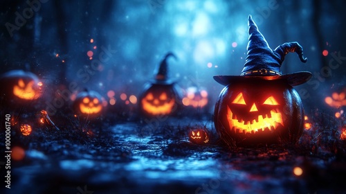Glowing Jack-o'-Lanterns with Witch Hats in a Spooky Halloween Forest