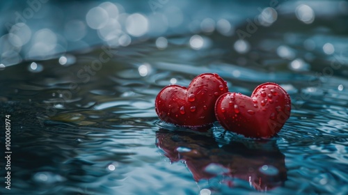 Two romantic red hearts on the water. AI generative.