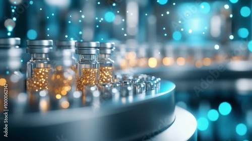 Production of amber vials filled with liquid on a conveyor belt in a modern p...