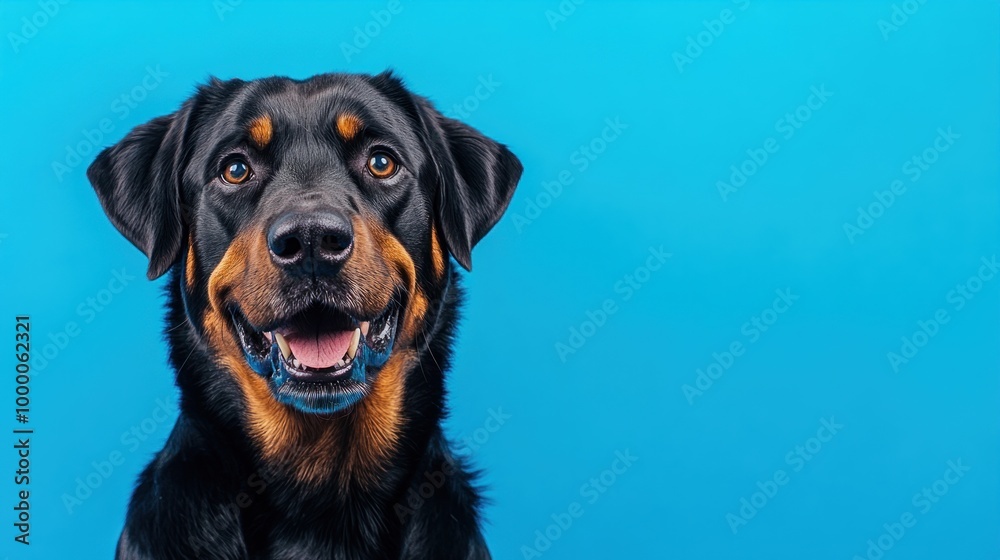 A cheerful Rottweiler dog posing against a bright blue background. A cheerful Rottweiler dog posing against a bright blue background.