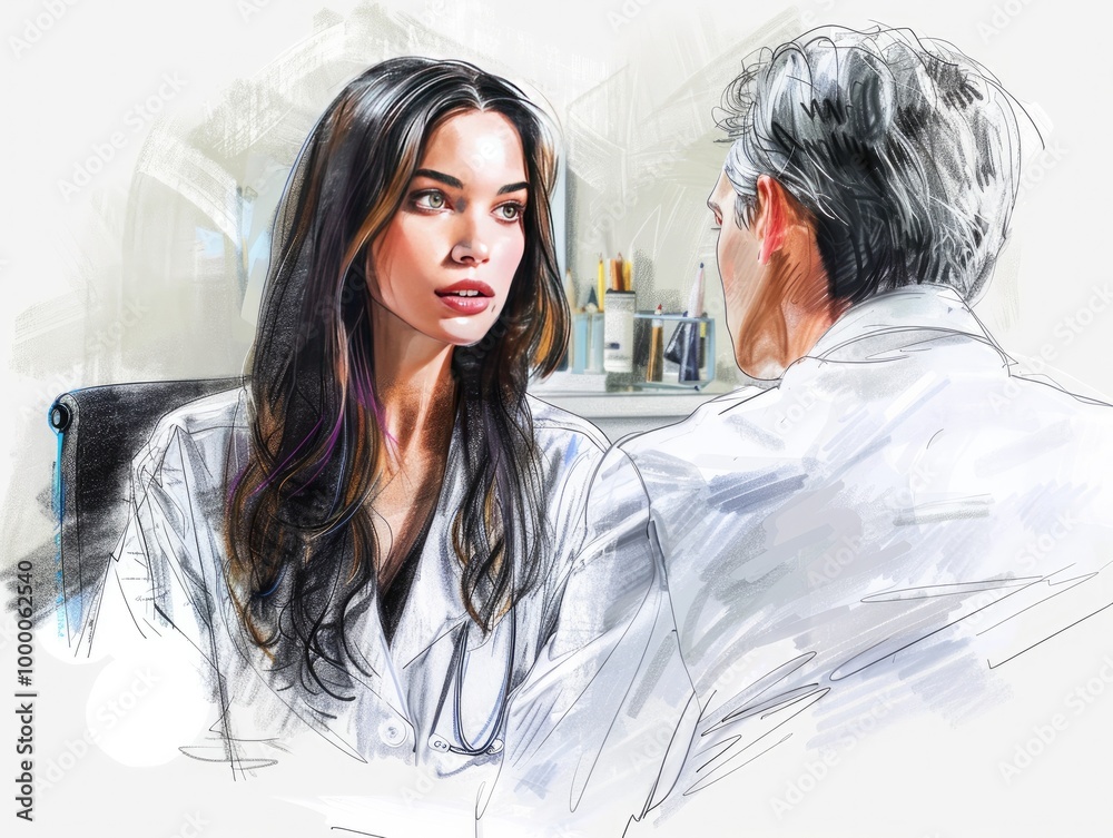 A mural of a beautiful model consulting with a doctor in a vibrant A mural of a beautiful model consulting with a doctor in a vibrant
