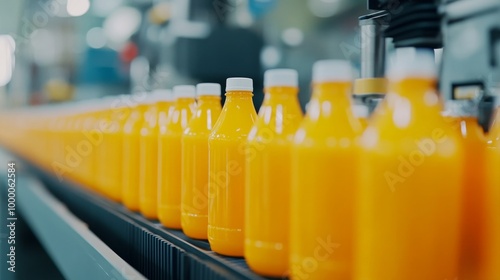 Bottles of orange juice moving along a production line in a busy factory duri...