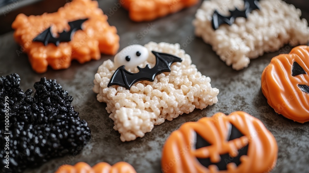Spooky Halloween Rice Crispy Treats with Ghost, Bat, and Pumpkin Shapes Drizzled in Black and Orange Icing Spooky Halloween Rice Crispy Treats with Ghost, Bat, and Pumpkin Shapes Drizzled in Black and Orange Icing