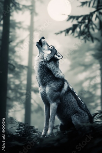 A lone wolf howling in a snowy forest during a winter evening at dusk