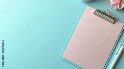 Blank clipboard and pen on blue background, ready for notes and organizationa...