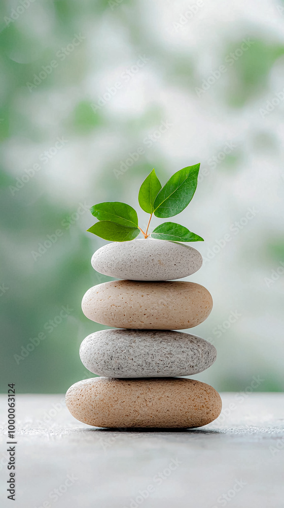 Obraz premium A stack of rocks with a green leaf on top