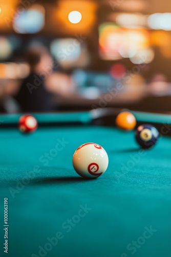 A focused shot of a billiard table with balls ready for a game in a lively ba...