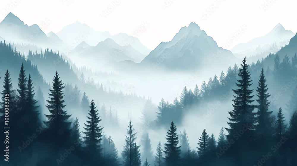 Misty forest in a bleak landscape with foggy mountains and fir trees. generative ai. Misty Mountains. Illustration Misty forest in a bleak landscape with foggy mountains and fir trees. generative ai. Misty Mountains. Illustration