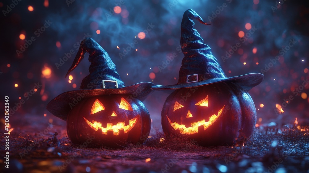 Fototapeta premium Glowing Jack-o'-Lanterns with Witch Hats in a Spooky Halloween Forest