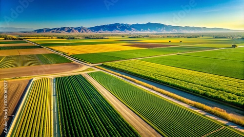 Expansive Fields of Agriculture in California's Central Valley Under Clear Blue Sky and Sunshine