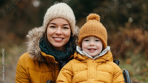 Happy Mother and Son in Winter Wear Smiling Together