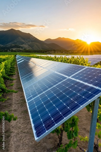 Solar panels installed in vineyard under sunset mountains in a rural landscape
