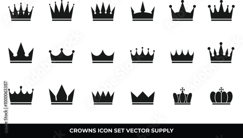 Eighteen black crown icons, royalty, power, leadership.