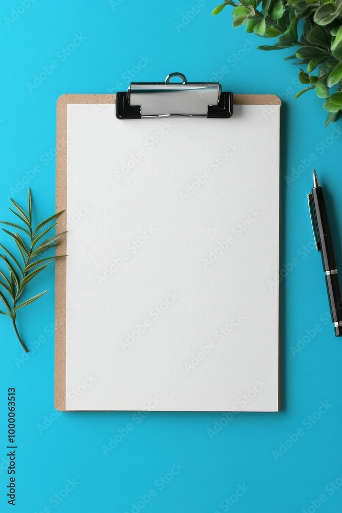 A blank clipboard and pens resting on a vibrant turquoise background for creative tasks A blank clipboard and pens resting on a vibrant turquoise background for creative tasks