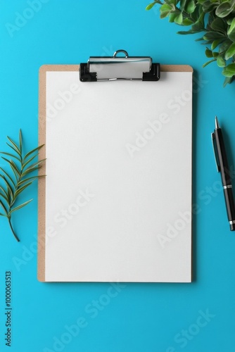A blank clipboard and pens resting on a vibrant turquoise background for crea...