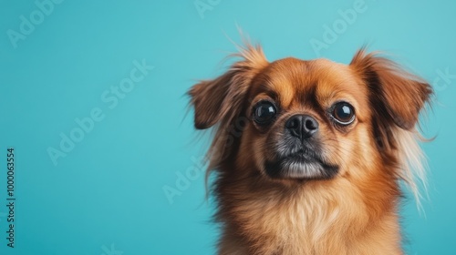 A close-up of a charming dog against a bright blue background.