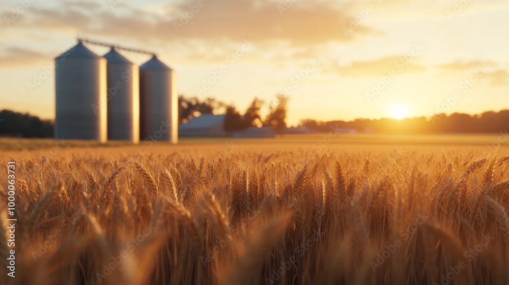 Golden wheat field with silos at sunset in rural farmland during harvest season Golden wheat field with silos at sunset in rural farmland during harvest season