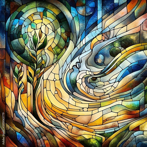 Nature’s Growth in Stained Glass – Colorful Abstract Tree with Generative AI.