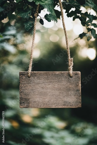 Rustic wooden sign hanging in a forest with blurred greenery in the background