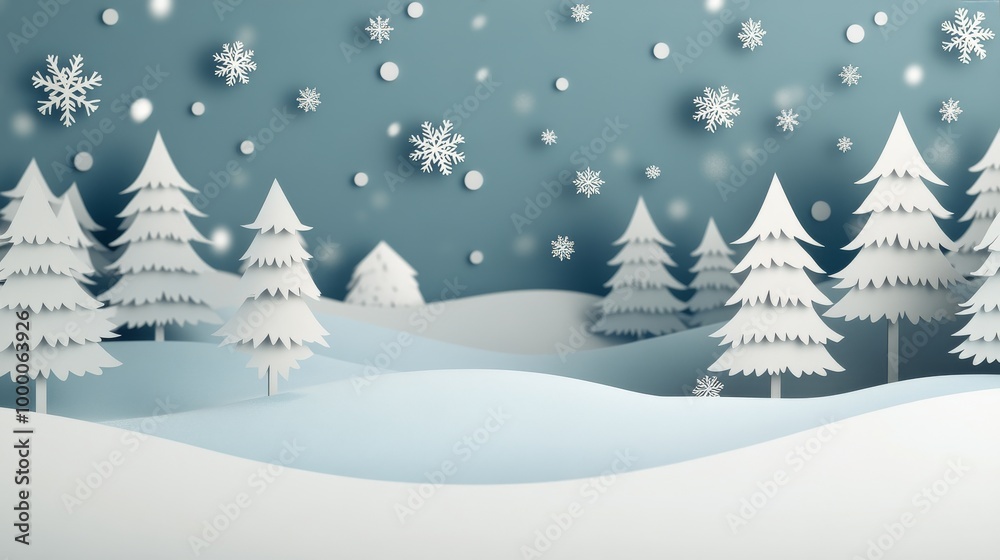 Obraz premium Winter wonderland with paper cut trees and snowflakes against a light blue background