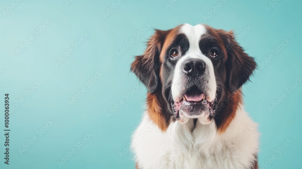 A close-up portrait of a Saint Bernard dog against a light blue background. A close-up portrait of a Saint Bernard dog against a light blue background.