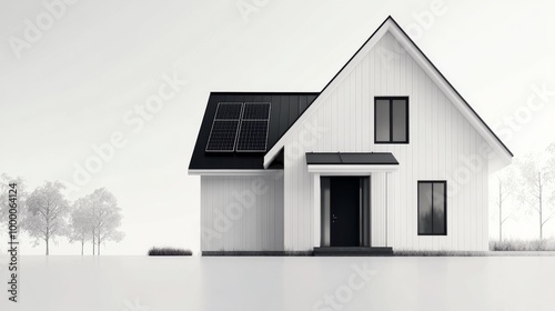 Modern white house with solar panels surrounded by greenery on a bright day