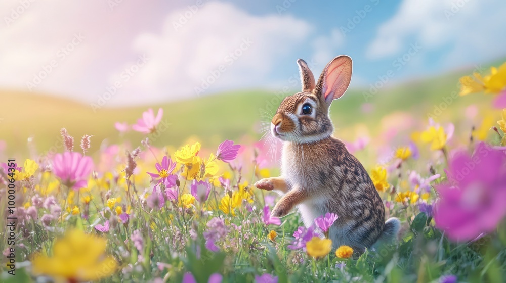 Obraz premium A cute rabbit in a vibrant field of flowers under a bright sky.