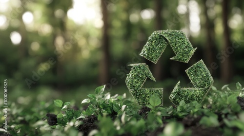 A green recycling symbol surrounded by lush ferns in a forest setting during ...