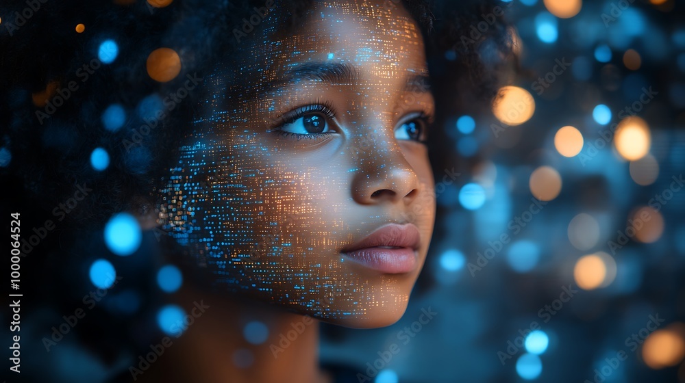  Inclusive education concept. Black school pupil studying IT at computer learning digital code online software ai cyber security threats Artificial intelligence cyberspace data coding ethical hacking 