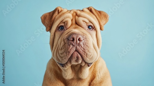 A close-up portrait of a Shar Pei dog against a light blue background.