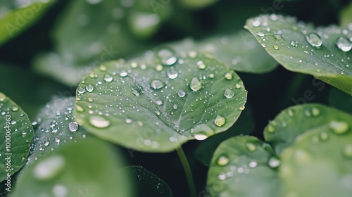 Fresh green leaves glisten with droplets of water after a gentle rain shower ...