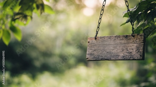 Wooden sign hanging from tree branches in a lush green garden on a sunny day