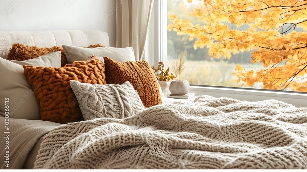 Cozy Bed with Chunky Knit Blankets and Warm Pillows Overlooking Autumn Leaves Cozy Bed with Chunky Knit Blankets and Warm Pillows Overlooking Autumn Leaves