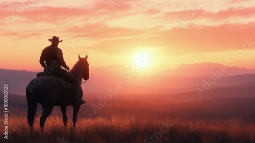 Silhouette of a cowboy on horseback against a vibrant sunset over misty mount...