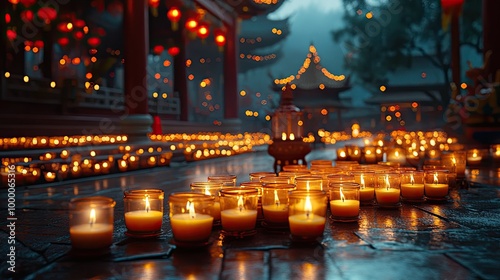 A nighttime vigil outside a temple, with hundreds of candles flickering in the darkness, each representing a prayer or a wish. The warm glow of the candles creates a sense of community and shared photo